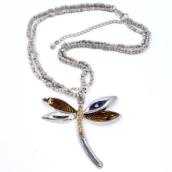 NWOT - Enameled & Jeweled Dragonfly Silver Tone Two Strand 14" Choker Necklace - Picture 1 of 7